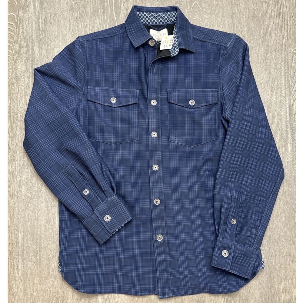 CON.STRUCT Mens Navy Blue Plaid Stretch Button Down Shirt Small CON1FSW100-410